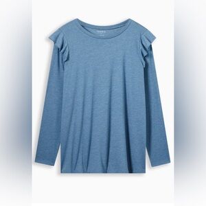 NWT Torrid Blue Long Sleeve T-Shirt w Ruffle Super Soft Poly-Cotton Size 0-L 12